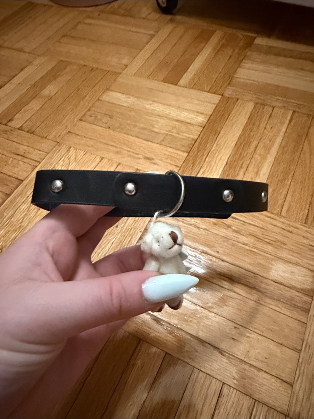 Hot Topic Black Faux Leather Stud Choker with White Bear Charm